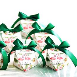 Diamond shape flamingo white favour boxes with green ribbons paper sweets box for wedding anniversary hen party