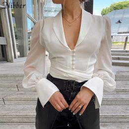 Nibber 2019Autumn Office ladies White Chiffon tops women full sleeve t-shirts Solid Elegant wild Slim Soft Belt tee shirts mujer T200110