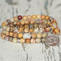 MG0638 6 mm Crazy Agate 108 Mala Yoga Bracelet Natural Gemstone Heart Chakra Bracelet Ohm Charm Buddha Head Yoga Mala Bracelet