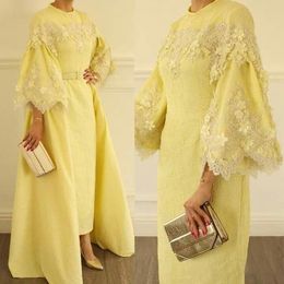 Plus Size Women Prom Dresses With Detachable Train Jewel Neck Long Sleeve Lace Yellow Evening Dress Arabic Kaftan Party Gowns