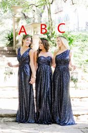 2019 New Sequin Long Sheath V Neck Dark Navy Bridesmaid Dresses Different Styles Same Color Cheap Plus Size Evening Gown Maid Of Honor