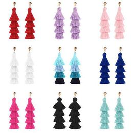 New Bohemian Purple Red Blue Gradient Colour Silk Pompon Multilayer Tassels Earrings For Women Gift Jewellery