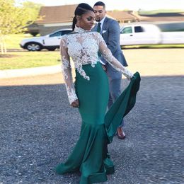 High Neck Illusion Long Sleeve Mermaid Evening Formal Dresses Lace Applique Beaded Soft Satin Special Occasion Dress African Girls Cheap