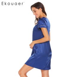 Wholesale-Ekouaer Summer Nightgown Women Night Dress V-Neck Short Sleeve Above Knee Belted Satin Elegant Sleepwear Female Nightwear
