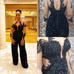 Women Prom Black Dress Jumpsuits Sheer Jewel Neck Lace Beads Pearls Crystal Pants Suit Evening Gowns Long Sleeve Robes De Soir E