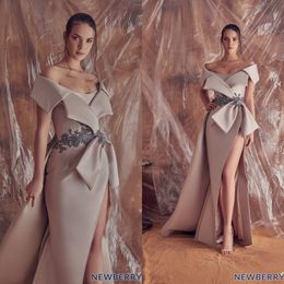 2020 Sexy High Split Evening Dresses Off The Shoulder Satin Appliques Elegant Prom Dress With Detachable Train Robe De Soiree