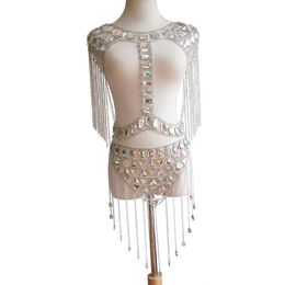 high quality glittering very beautiful colorful acrylic crystal tassel fashion sexy bra skirt set waist belly body chain jewelry gold silver