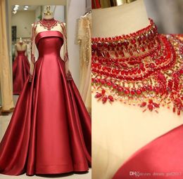 Luxury Red A Line Evening Dresses Jewel Neck Lace Applique Long Sleeves Satin Formal Dress Evening Gowns Wear robes de soirée vestidos