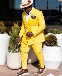 Shiny Yellow Groom Tuxedos Double-Breasted Men Wedding Tuxedo Fashion Men Jacket Blazer Men Prom Dinner/Darty Suit(Jacket+Pants+Tie) 1286
