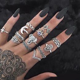 13 Pcs/1set Women Vintage Rings Fashion Lady Boho Jewelry Accessories Midi Finger Rings Charm Zircon Crown Moon Elephant