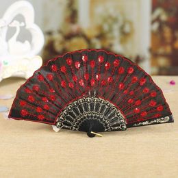 Sequins Dancing Fan Peacock Folding Hand Fans Women Stage Performance Prop Embroidered Sequins HandHeld Party Decor Fan KKA7025