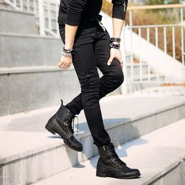 Fashion-Hot Selling Mens Korean Designer Black Slim Fit Jeans Punk Cool Super Skinny Pants With Chain For Male