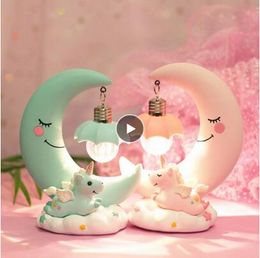 LED Night Light Unicorn Moon Resin Cartoon Night Lamp Luminaria Romantic Bedroom Decor Night Lamp Baby Kids Birthday Xmas Gift