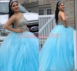 Elegant Crystal Beaded Sheer Quinceanera Dresses Ball Plus Size Tulle Blue Girl Prom Party Dress Juniors Formal Gowns Custom Made