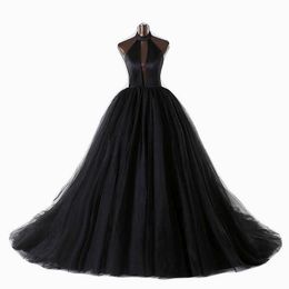 2019 New Black Gothic Wedding Dress Halter Sexy Backless Deep V Neck Vintage Bridal Gown With Colour Non White Wedding Gown A-line