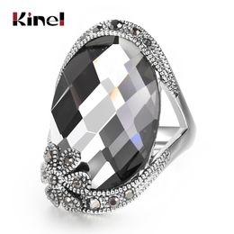 Design Vintage Flower Big Grey Crystal Ring For Women Antique Silver Fashion Jewellery good gift friend family