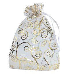 100pcs 4x6 Inches Drawstrings Organza Gift Candy Bags Wedding Favours Bags (White with Gold)
