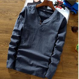 Big Size M-6XL 7XL Chinese Style Man T-shirts Summer Autumn New 2017 Cotton Linen O-neck Full Sleeve Tops Two Buttons Solid Top