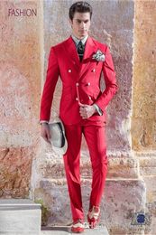Handsome Double-Breasted Groomsmen Peak Lapel Groom Tuxedos Men Suits Wedding/Prom/Dinner Best Man Blazer(Jacket+Pants+Tie) A395
