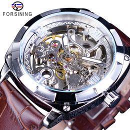 Forsining 2018 Silver Skeleton Clock Brown Genuine Leather Water Resistant Automatic Self-winding Watches for Men Sports Watches221G