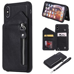 Multiple Card Slots Magnetic Buckle Folio Vegan Leather Wallet Chain Back Cover Wristband Lanyard Bracket Holster Shell for iPhone Samsung