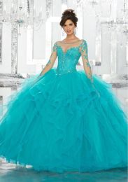 Vintage Quinceanera Dresses Lace Applique Sequins Long Sleeve Blue Ball Gown Prom Dress Plus Size Sweet 15 Gowns