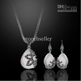 Antique Silver Plated Opal Drop Pendant Necklace and Earrings Jewellery Sets