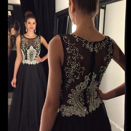 Fashion Beads Crystal Chiffon Black Evening Dresses Illusion Back Women Formal Wear Long Prom Dress