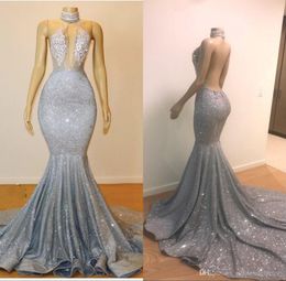 Sexy Sheer Halter Sequins Prom Dresses Mermaid Tulle Beaded Lace Applique Sweep Train Backless Long Party Evening Dresses Robe De Mariee