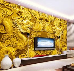 Custom Wallpaper 3d China Woodcarving Auspicious Soaring Double Dragon 3D Living Room Bedroom Background Wall Decoration Wallpaper