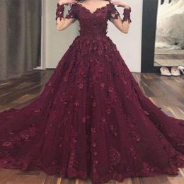 Burgundy 3D Flower Wedding Dresses With Full Sleeves Off the Shoulder A-line Arabic Non White Colored Bridal Gowns Bride's Dress Custom Made