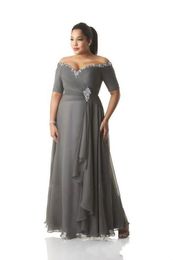 Vintage Shoulder Sier Gray Off Bride Dresses Chiffon Crystal Beaded Ruffles Ruched Wedding Guest Plus Size Mother Gowns