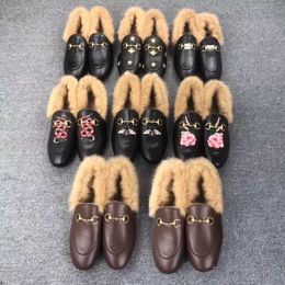 Mules Princetown Leather Dress Flat soled casual Authentic cowhide Designer Metal buckle Warm Loafers Woollen