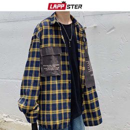 Men Streetwear Harajuku Plaid Shirts Pockets 2019 Hip Hop Men Shirt Long Sleeve Couple Black Button Up Oversized Shirt