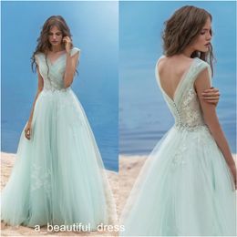 Vintage V-neck Evening Dresses Mint Lace Applique A-line Tulle Beach Vintage Sexy Fairy backless Formal Prom Party Gowns Plus Size ED1146