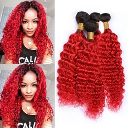 Bright Red Ombre Deep Wave Peruvian Virgin Hair Weave Wefts 4Bundles 1B/Red Black Roots Ombre Human Hair Extensions 10-30" Tangle Free