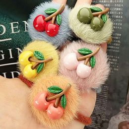 New Hot Cute Cherry With Faux Fur Hair Rope For Kids for Women Hair Band child Head Hair Rubber Bands Accessories