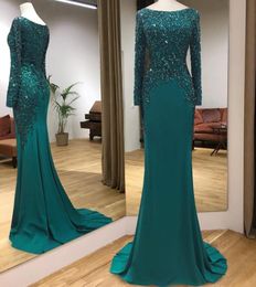 Modest Hunter Rhinestones Mermaid Evening Dresses With Long Sleeves Bateau Neck Beaded Prom Gowns Satin Sweep Train Formal Dress 407