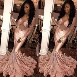 Dusky Pink Satin Mermaid Prom Dresses Illusion Top Sheer Long Sleeves Lace Applique Sweep Train Formal Party Evening Gowns