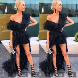 Abiti da sera nero sexy scollo a V increspature Organza Alto Basso partito formale abiti Prom Dresses sudafricano vestido de festa