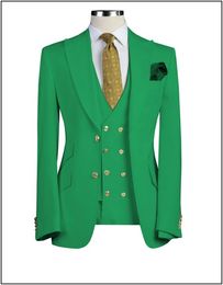 Green Groom Tuxedos Peak Lapel Groomsmen Mens Wedding Dress Excellent Man Jacket Blazer 3 Piece Suit Custom Made(Jacket+Pants+Vest+Tie)688