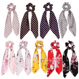 Hair Scrunchie Streamer Accessories Women Girl Elastic Hairbands Scrunchies Flowers Stripe Ribbon Turban Horsetail Hair Ties 50pcs F416A