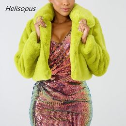Helisopus Fashion Lime Green Short Women Jacket Winter Warm Faux Fur Coat Fluorescent Cardigan Cropped Jacket Fluffy Teddy Coats