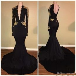 Sexy African Gold Appliques Long Sleeves Black Prom Dresses Deep V Neck Backless Formal Evening Dresses Party Gowns robes de soirée