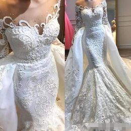 Mermaid Applique Dresses with Overskirt Sheer Neck Crystal Long Sleeve Organza Sweep Train Wedding Gown Vestido De Novia