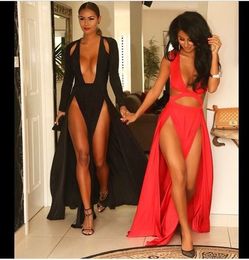 Wholesale-NYOOLO cropped deep v neck women sexy long dress high slit maxi dress double split evening party long dresses Vestidos Robe