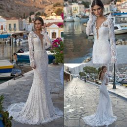 Mermaid Lian Rokman Wedding Dresses Sexy V Neck Long Sleeve Crystal Beach Bridal Gowns Backless Robe De Marie