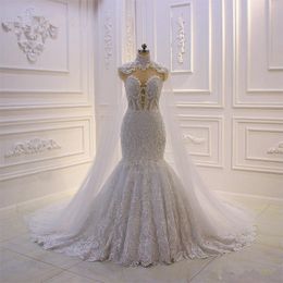 Real Image Mermaid Lace Wedding Dresses With Detachable Shawl Sheer Back Beaded Appliques Bride Wedding Gowns Luxury