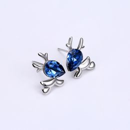 Fashion-Cute Deer Blue Crystal Stud Earrings Small S925 Sterling Silver Earrings Classic Manual Plug-in Earrings for Festival