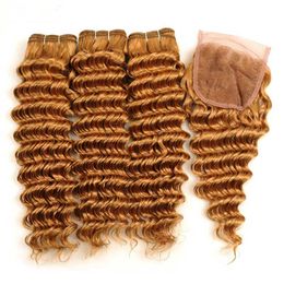 Indian Human Hair Honey Blonde Deep Wave 3Bundles with Closure #27 Light Brown Deep Wavy Lace Front Closure 4x4 with Weave Bundles